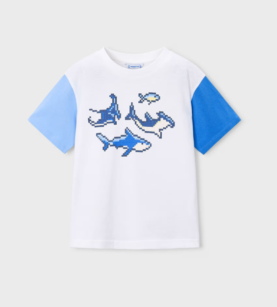 Mayoral S/S T-Shirt with Shark Print Style 3076 - White/Blue
